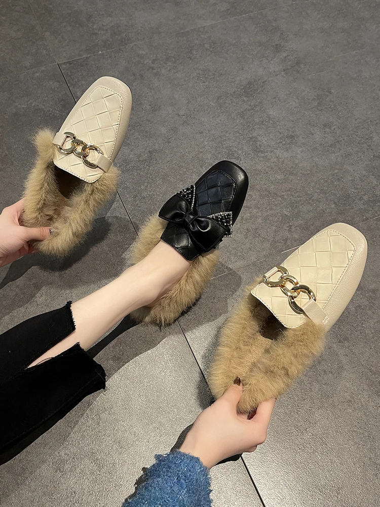 

Fur Slides Muller Shoes 2021 New Women's Fluffy Slippers Outerwear Rabbit Fur Toe Cap Half Slippers Lazy Flats furry slides