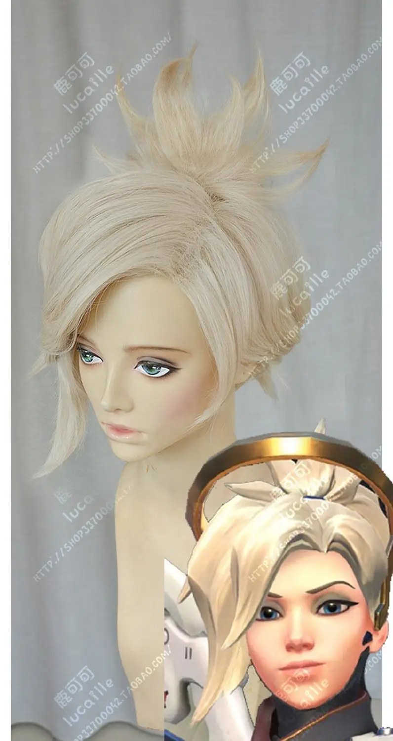 Игра OW Angela Mercy короткая льняная прядь светлых волос термостойкий косплей костюм