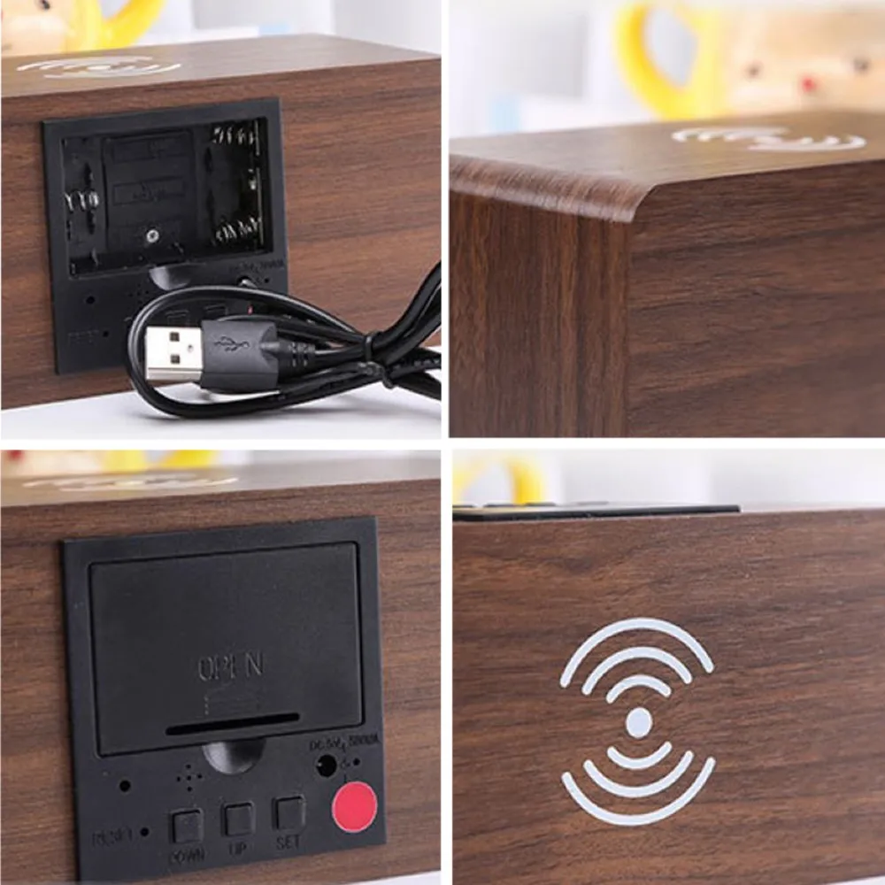 

Modern Wooden Wood Digital LED Desk Alarm Clock Thermometer Wireless Charger With Qi Wireless Charging Pad Alarm Clock LED
