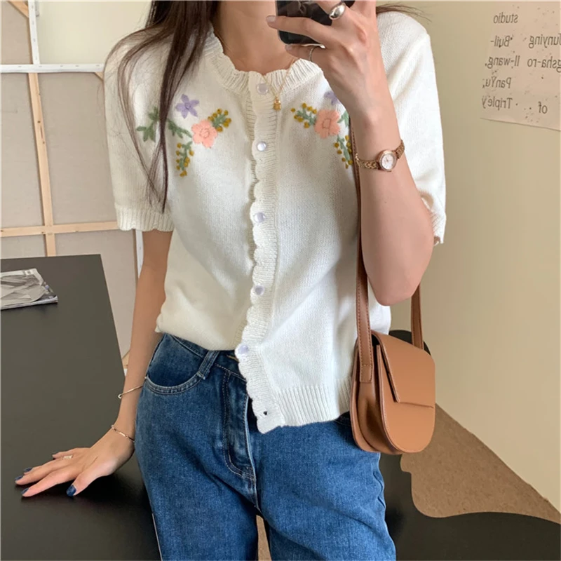 

Comelsexy Summer Retro Knit 2021 Vintage New Hot Floral Embroidery Blouses Cardigans Office Lady Sweet Girls Shirts Tops