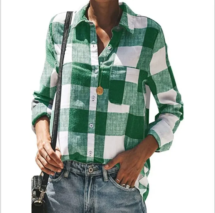 

Hot sale blouse, classic red plaid blouse lapel long-sleeved printed blouse, single-breasted blouse
