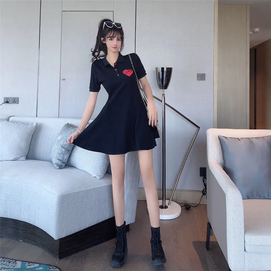

Women Dresses Summer 2021 Vintage Y2k High Waist Solid Color Mini Turn Down Collar Dress Korean Simple Style Vestido De Mujer