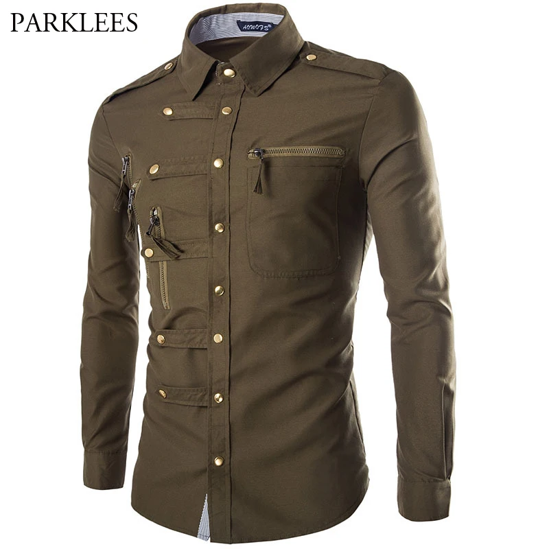 

Fashion Army Green Social Dress Shirt Men Casual Slim Fit Military Style Mens Shirt With Epaulet Harajuku Streetwear Homme Tops
