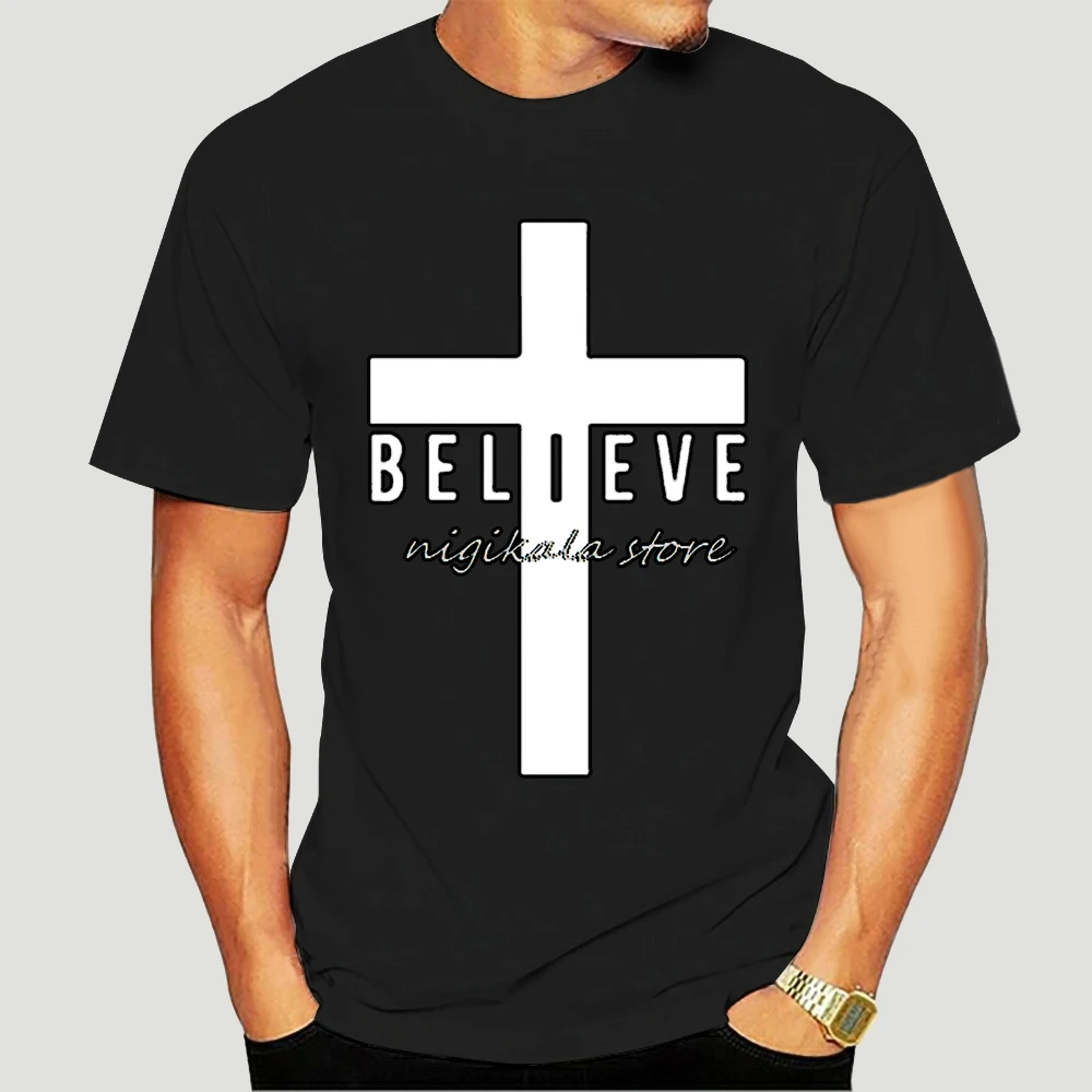

I Believe God Christian Men's Fashion T Shirts Cross Printing Black Tops Tees 8917X