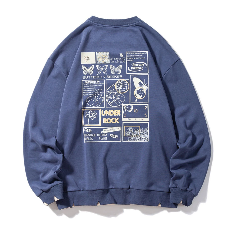 

Hip Hop Sweatshirt Broken Hole Hoodies Streetwear Fashion Oversized Pullovers Butterfly Printed Tracksuit Men Tops Clothes