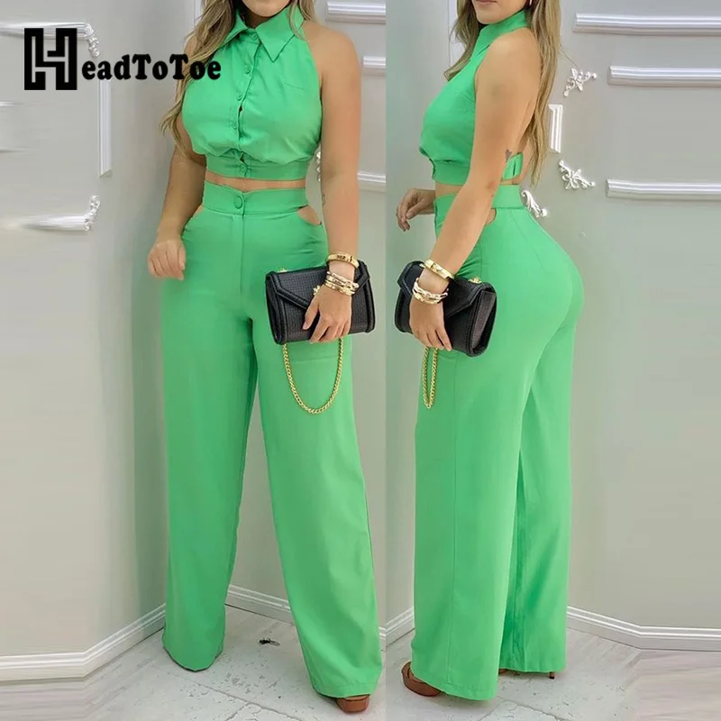 

Button Design Plain Shirt Tops & Pants Set Women Summer Two Piece Set