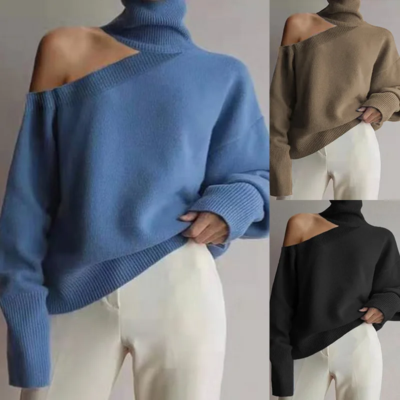 

New Women Casual Turtleneck Jumper Sweater Women Solid Black Off Shoulder Long Sleeve Pullover Tops Long Sleeve Knitted Sweaters