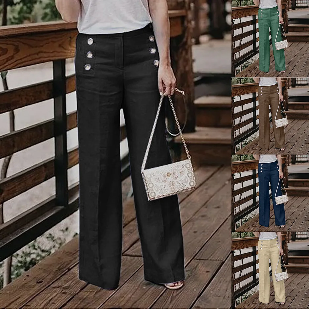 

Sexy Women's Fashion Pants Casual Loose Elastic Button Waist Wide-leg Pants Casual Buckle Solid Color Women's Trousers Штаны