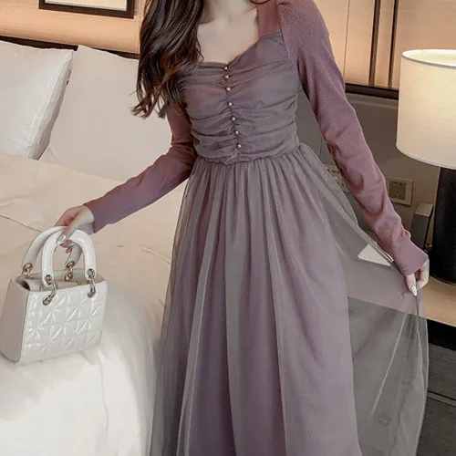 

Autumn Winter Fashion V Neck Long Puff Sleeve High Waist Evening Party Dress Women Fashion Mesh Knitted Mesh Evening Dress