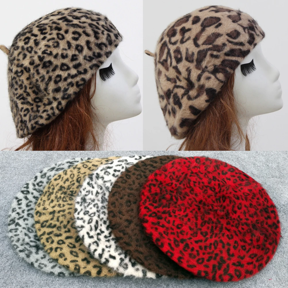 

Women Beret Cap Outdoor Painter Hats Beautiful Rabbit Fur Leopard Print Beanie Artist Hat Winter Warm Hat Fashion Vintage Caps