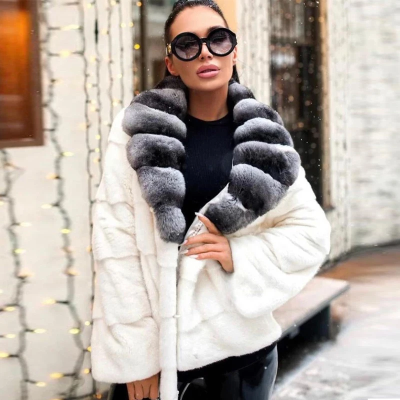 

BFFUR 2021 Women's Real Fur Coat Winter Fashion Full Pelt Mink Fur Coat Regular Length Big Rabbit Fur Collar Mink Fur Overcoats