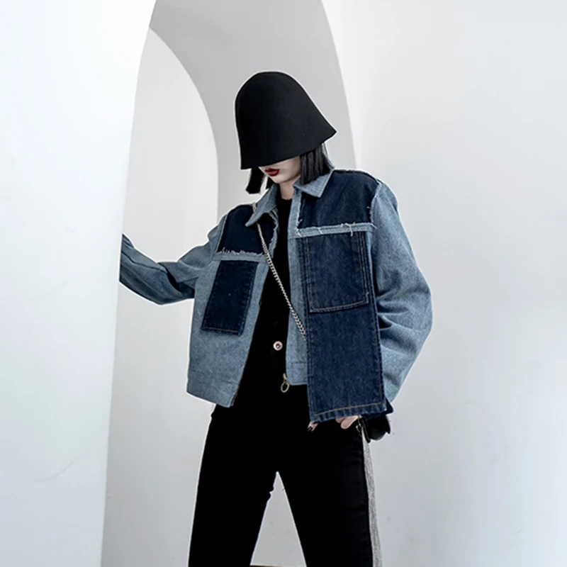 

[EAM] Loose Fit Blue Irregular Stitch Denim Big Size Jacket New Lapel Long Sleeve Women Coat Fashion Spring Autumn 2021 1DC388