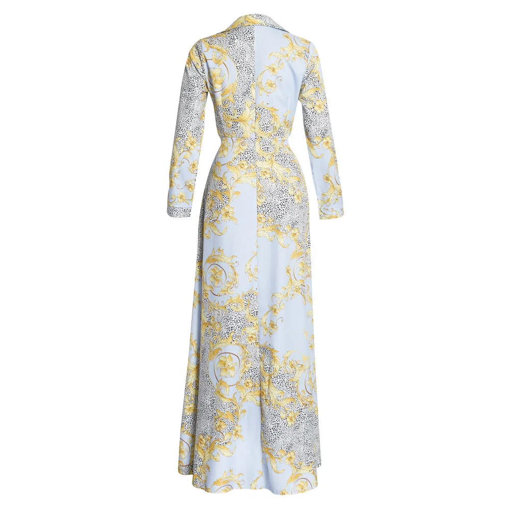 

New 2021 Women's Dress Long High Waist Belt Western Style Temperament Printing V-neck Long Sleeve Oversize African