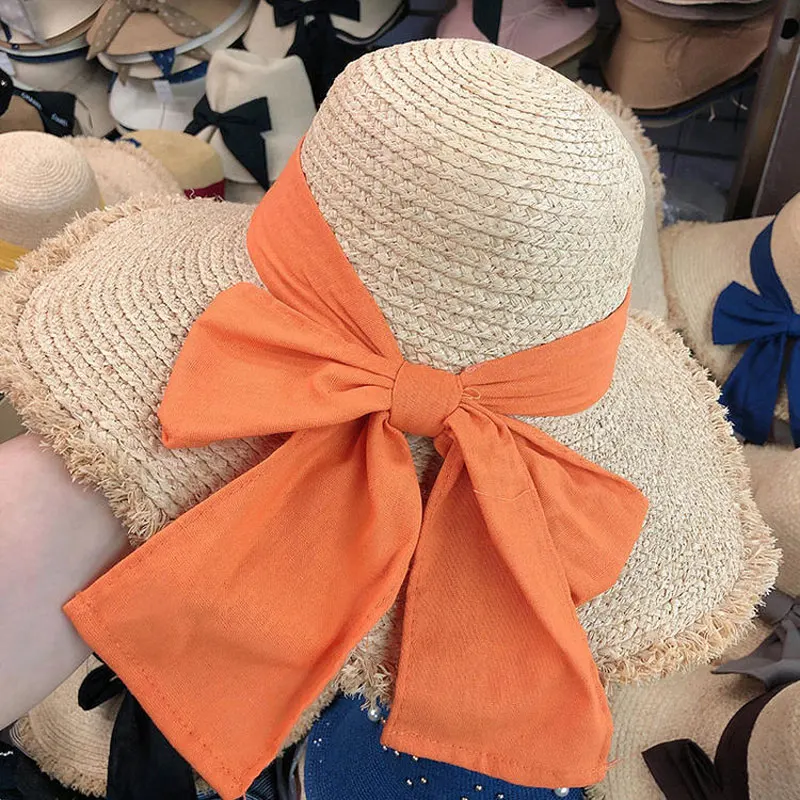 

New Big Wide Brim Raffia Straw Hat Female Summer Fashion Color Ribbon Bow Bonnet Enfant Women Holiday Beach Sun Hat High Quality