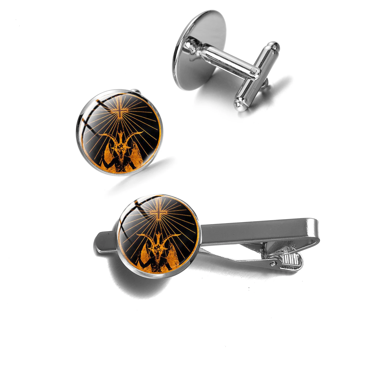 Винтаж сатанизма красный козьей шерсти запонки в форме головы и зажим для