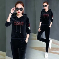 fashion embroidery velvet hooded sweatshirt and pant suit women velour 2 piece set casual loose long sleeve tracksuit loungewear
