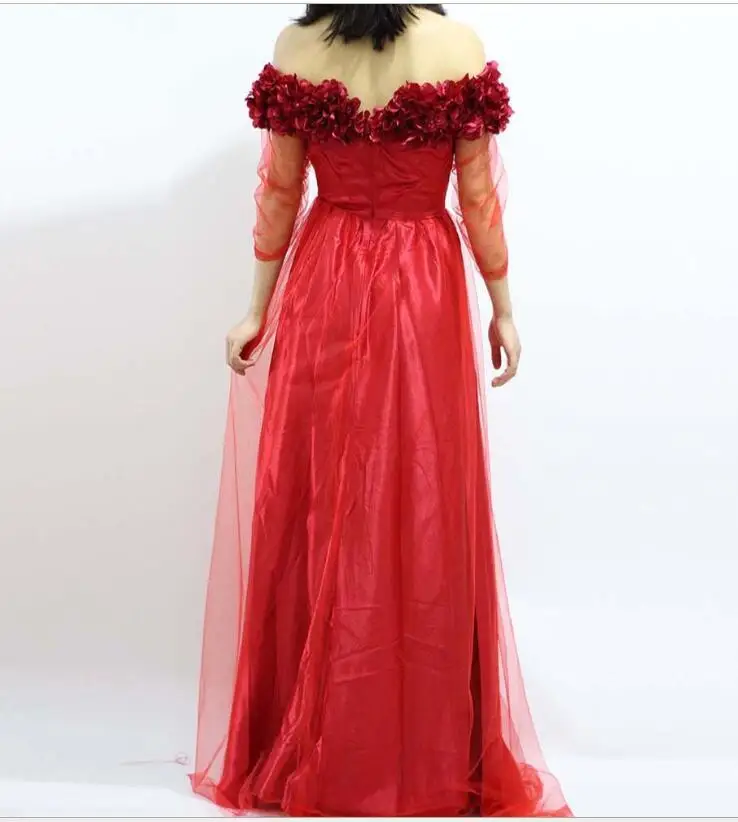 Женское вечернее платье с открытыми плечами длинное Бордовое из тюля рукавом 3/4 и