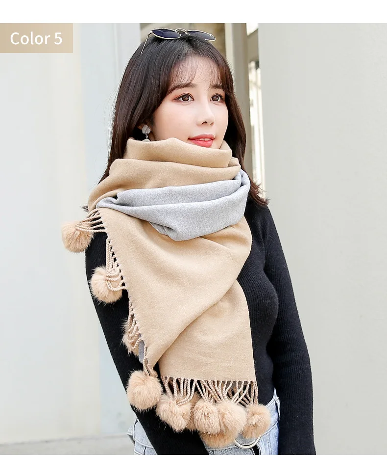 Зимний шарф из искусственного кашемира с меховым помпоном в Корейском стиле, шаль для женщин, Красные Теплые шарфы, дизайнерские