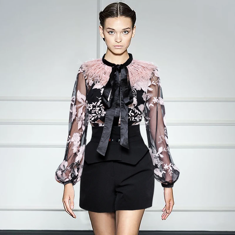 

Весенний женский костюм Gedivoen с воротником-бантом и рукавами-фонариками, сетчатая прозрачная винтажная блузка с вышивкой + шорты, костюм из д...