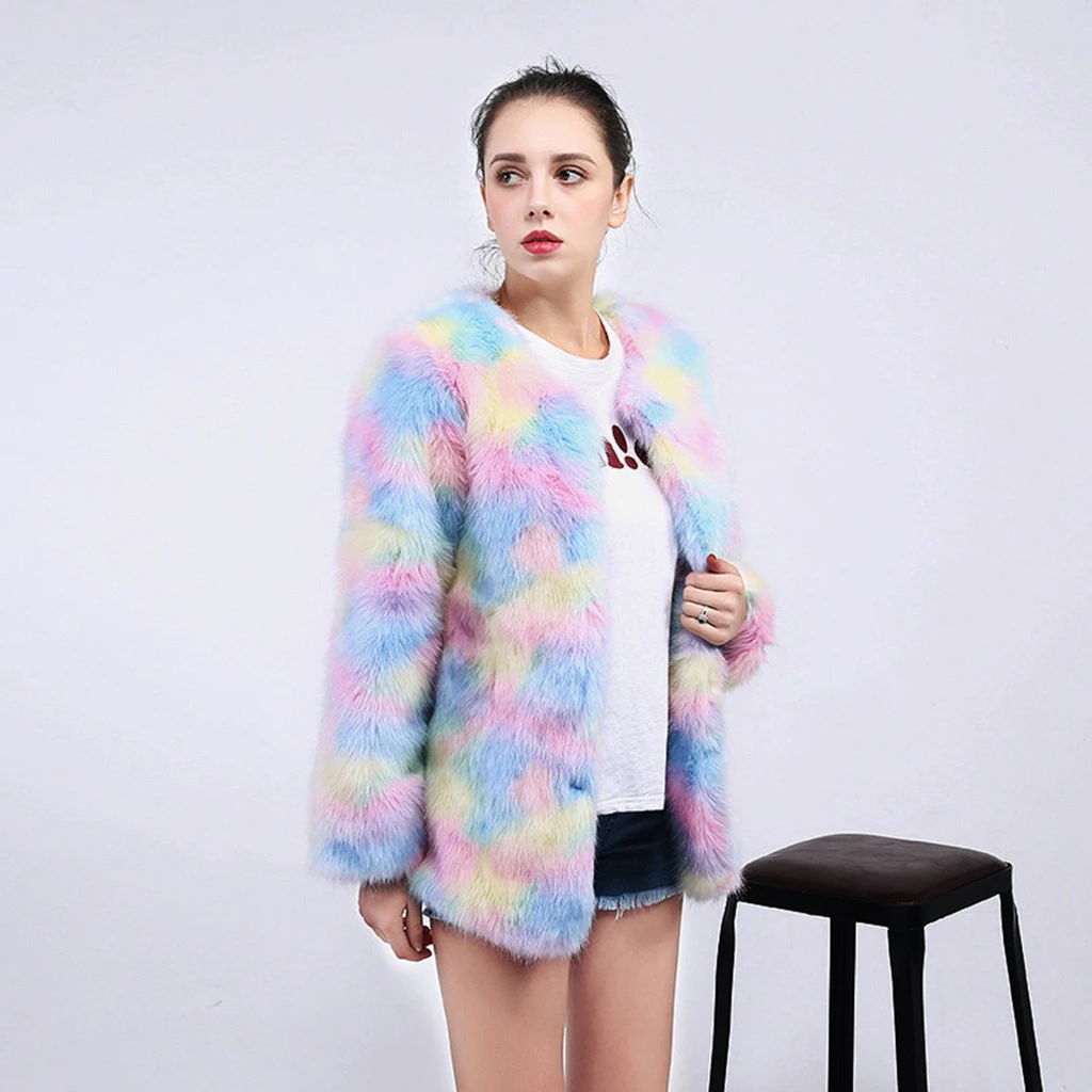 JAYCOSIN женская зимняя шуба из искусственного меха цветная Радужная уличная одежда
