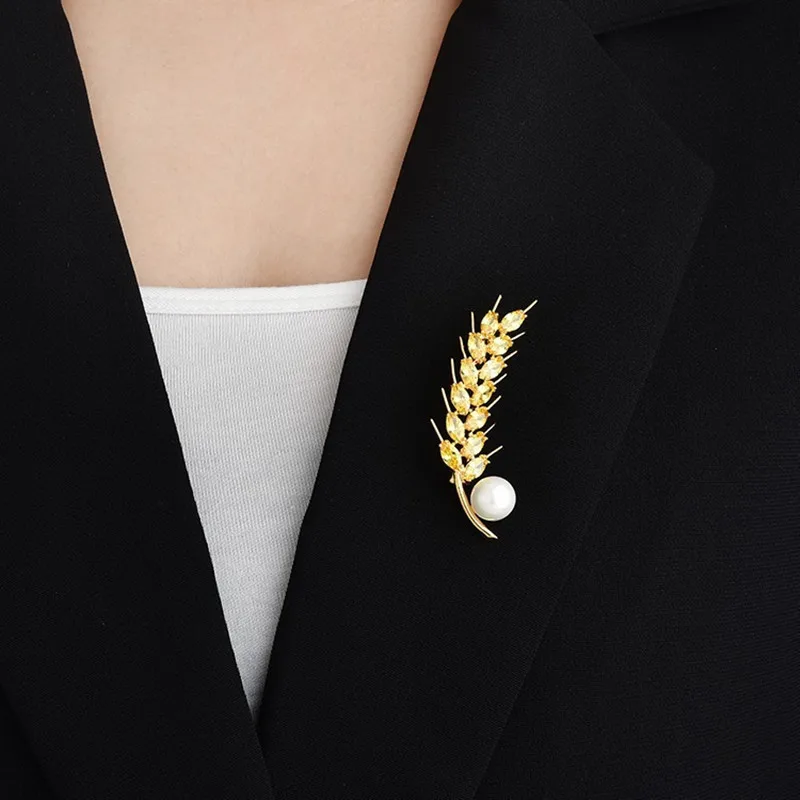 

Party Brooch Yellow Crystal Wheat Ears Jewelry Simulated Pearl Suit Pins Brooches For Men Women Wedding Accessories Wholesale