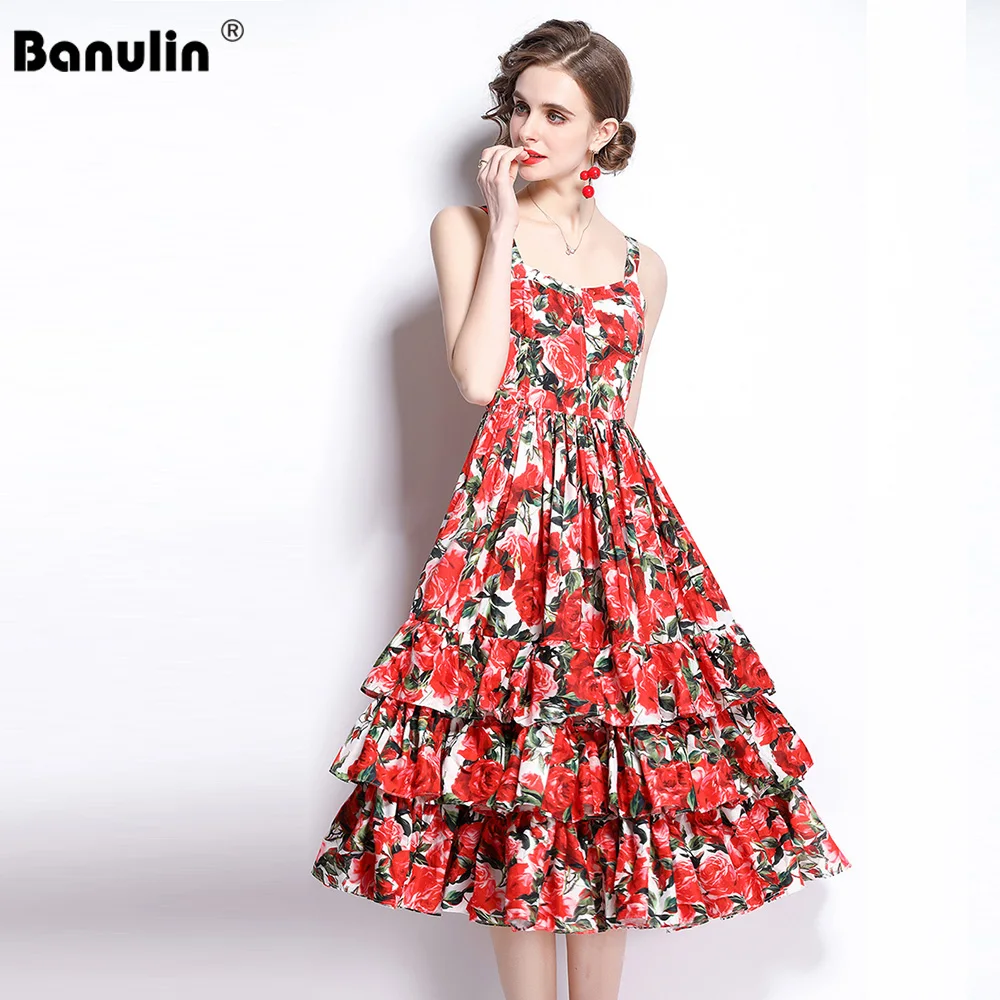

Banulin Fashion Designer Runway Ball Gown Dress Summer Women Spaghetti strap Backless Floral Print Cascading Ruffle Beach Dress