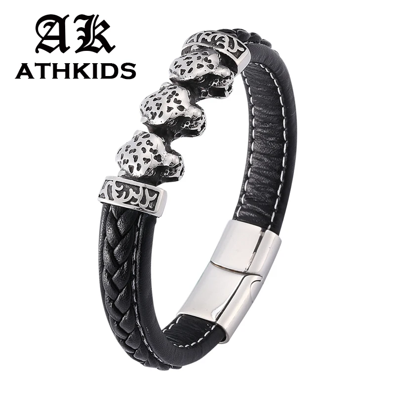 Personality Stainless Steel Leopard Head Accessories Black Leather Bracelets Men Woven Bracelet For Birthday Jewelry Gift PD0193 | Украшения
