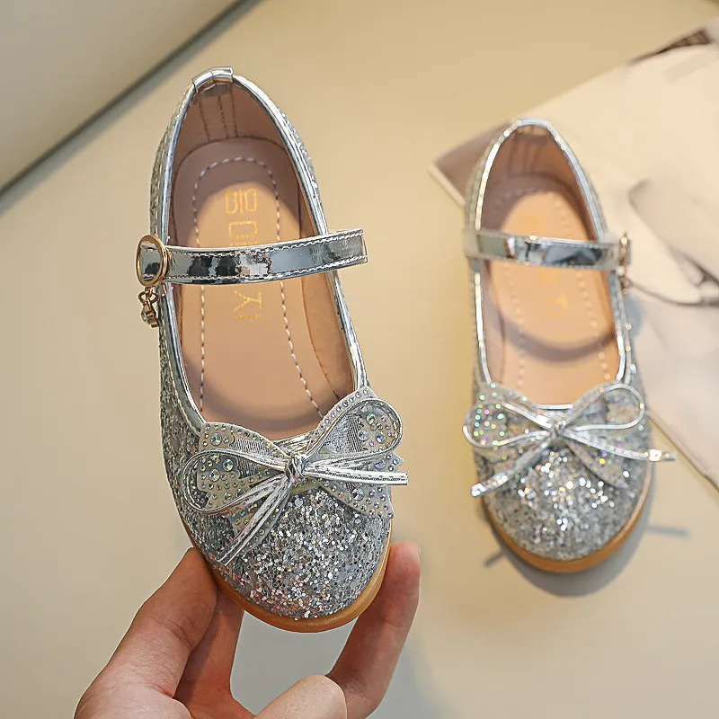 

Spring Autumn Girls Shoes Bling Princess Shoes Children Silver Wedding Flower Girls Dance Party Shoe Kids Bowtie Mary Janes Shoe