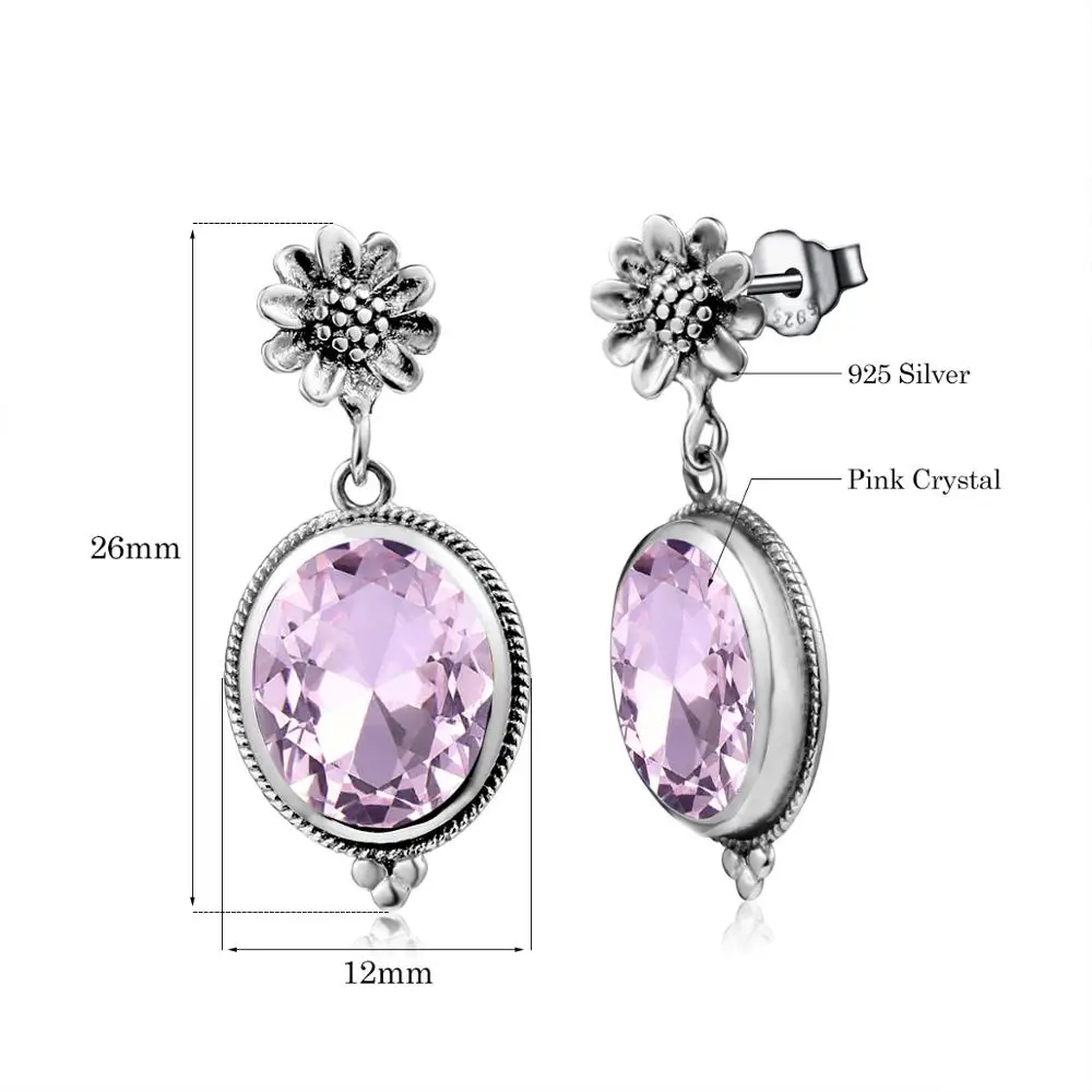 

Silver Chakra 925 Sterling Silver Earring Female Pink Crystal Earrings Sun Flower Adorn Big Gemstone Wedding Jewelry For Women