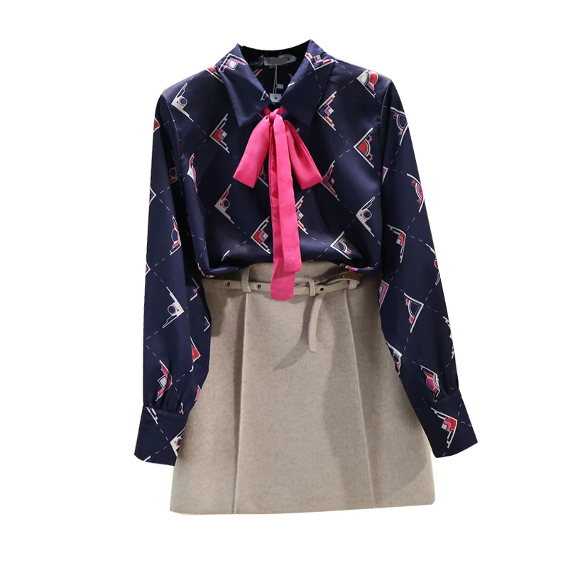 

Elegant Woman Blouse Office Lady Tops 2020 Ribbon Contrast Color Print Shirt Women Lapel Long Sleeve Loose Blouse Blusas Mujer