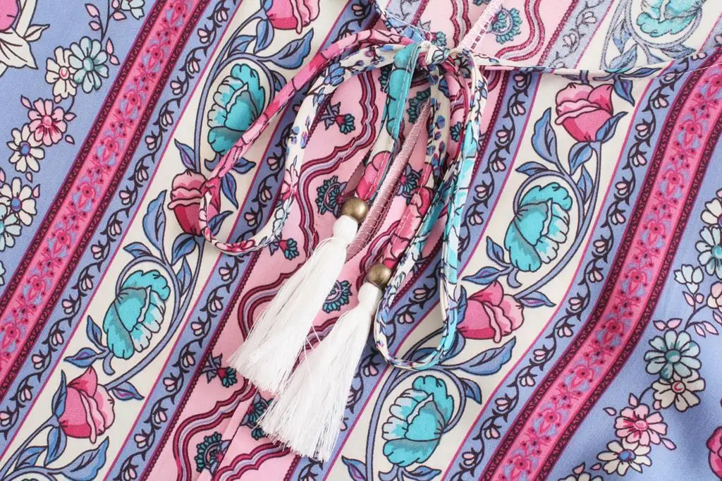 

Ruffles Floral Print Mini Dress Women Summer V Neck Long Sleeve Tassel Dresses Casual Chic Woman Clothes Beach Bohemian Vestidos