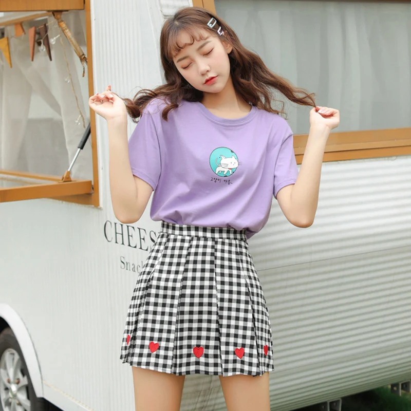 

New Cute Mini Skirt Women College Skirt Love Embroidery Short Skirt Harajuku Pleated Skirt Student Skirt Vintage Plaid Skirt