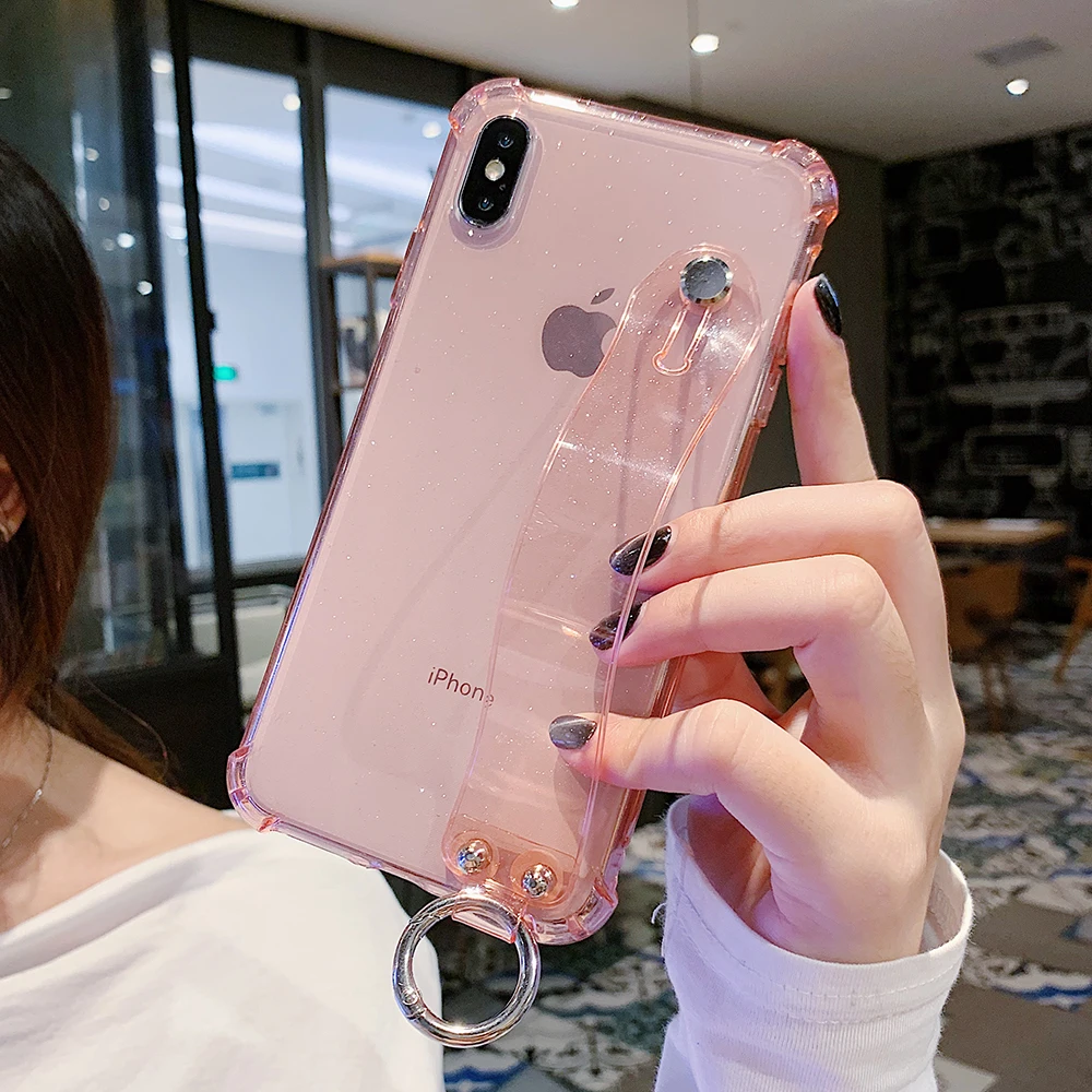 Pink Блестящий чехол для телефона iPhone 11 X XR XS Max 8 7 Plus 6 6S Plus Блестящий Прозрачный мягкий силиконовый браслет задняя крышка - Цвет: Pink