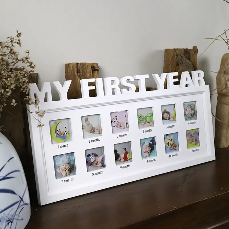 Baby Photo Frame Souvenirs Memory Pictures for 0-12 Month My First Year Footprince Handprint Baby Picture Frame Birthday Gift