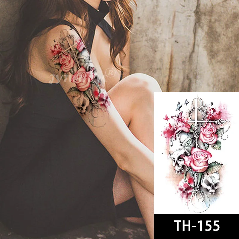 

Skull Flower Fake Tattoo Sticker Women Man Waterproof Forest Rose Temporary Tattoos Body Art Half Arm DIY Tattoo For Girls Women