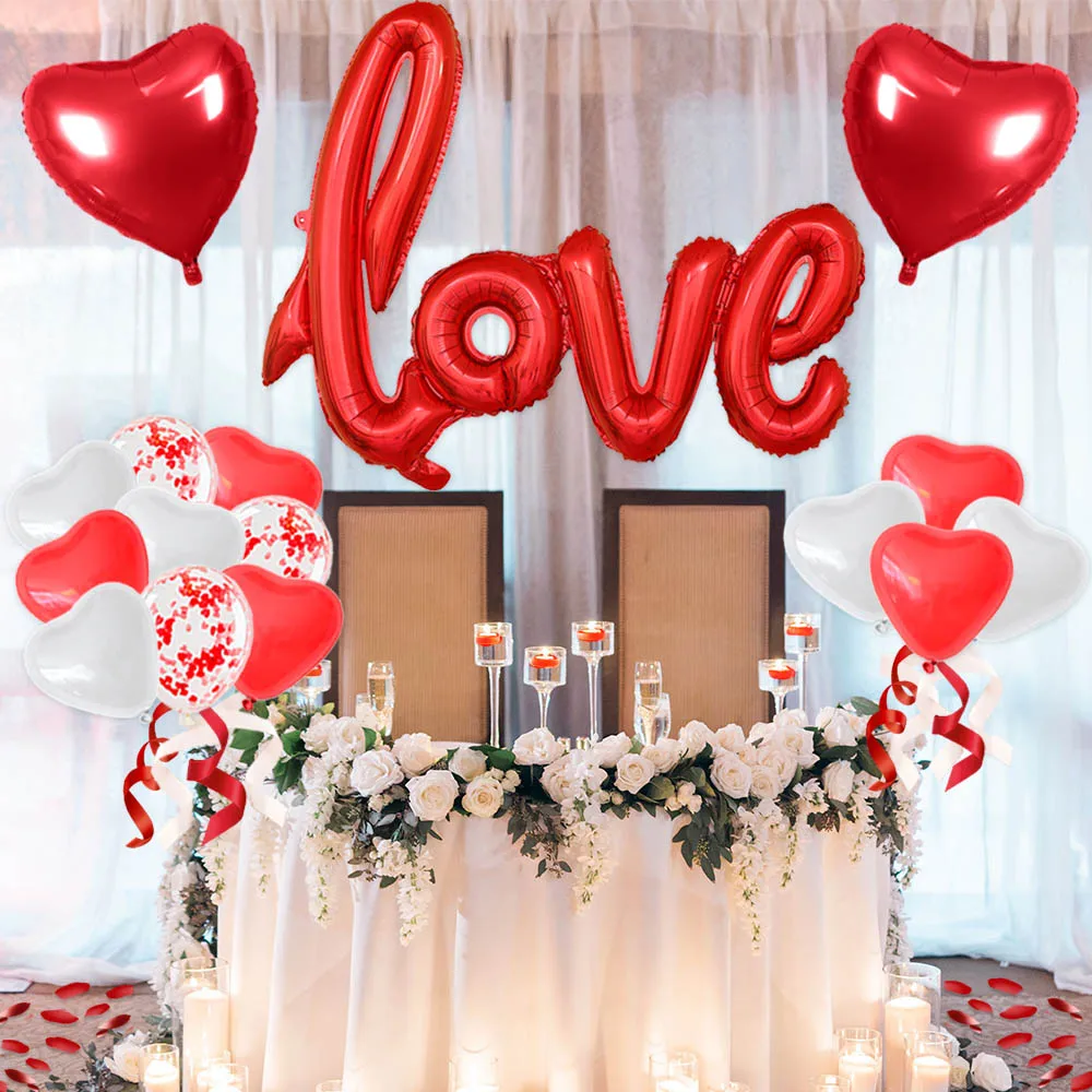 Globos decorativos para el D&iacute;a de San Valent&iacute;n, decoraci&oacute;n XXL con letras de amor, velas de coraz&oacute;n, p&eacute;talos de rosa, coraz&oacute;n rojo y blanco, globos de confeti para St V-5