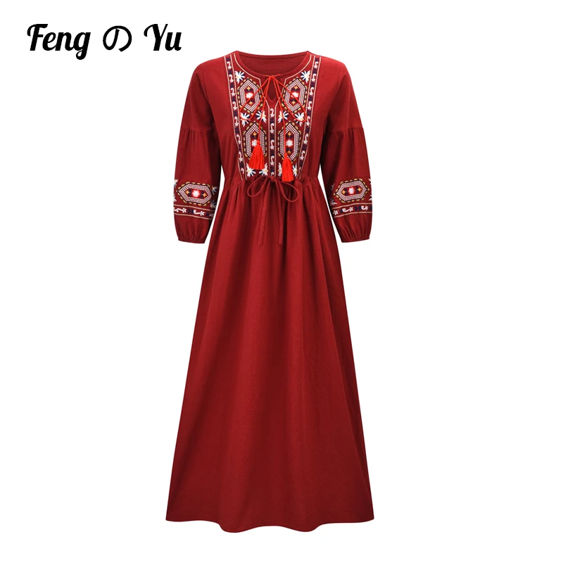 

Ladies Autumn And Winter Cotton And Linen Party Dress Retro Elegant Round Neck Embroidery Long Dress 2022 New Solid Color Loose