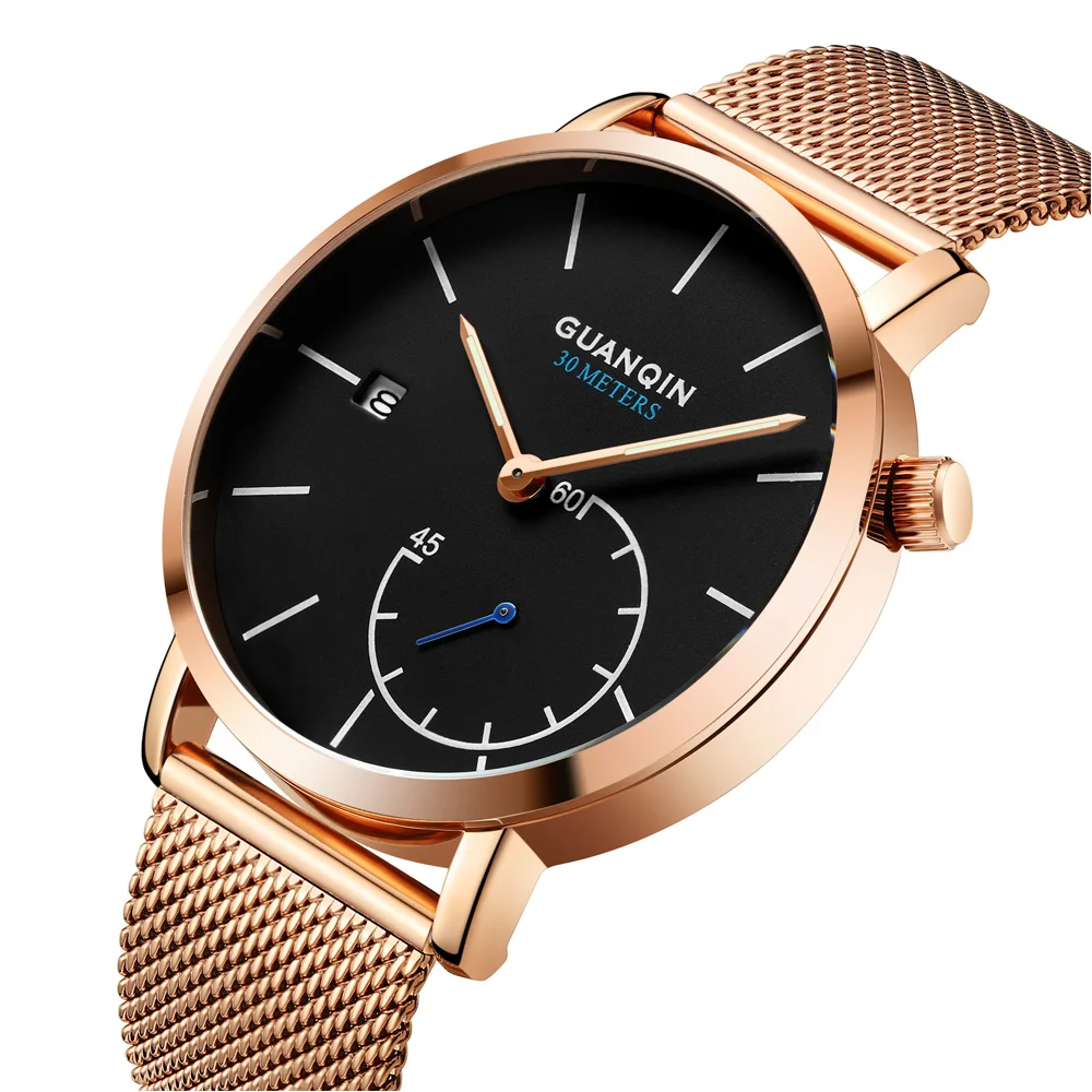 GUANQIN Брендовые Часы мужские роскошные сетчатый ремешок кварцевые часы золотые из