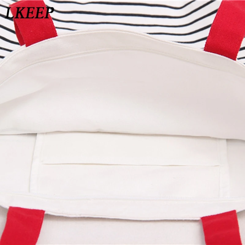 

New Cotton Stripe Canvas Shopping Tote Shoulder Carrying Bag Eco Reusable Bag Zippered Small Shopping Bag