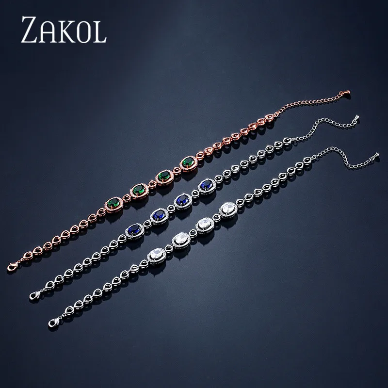 ZAKOL, модные, синие, зеленые, овальной формы, кубический цирконий, звенья цепи, браслеты для женщин, свадебные, вечерние, свадебные ювелирные изделия FSBP2116