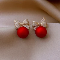 fashion crystal bow knot stud earrings for women pearl cherry flowers rhinestone red earring girls party christmas jewelry gifts