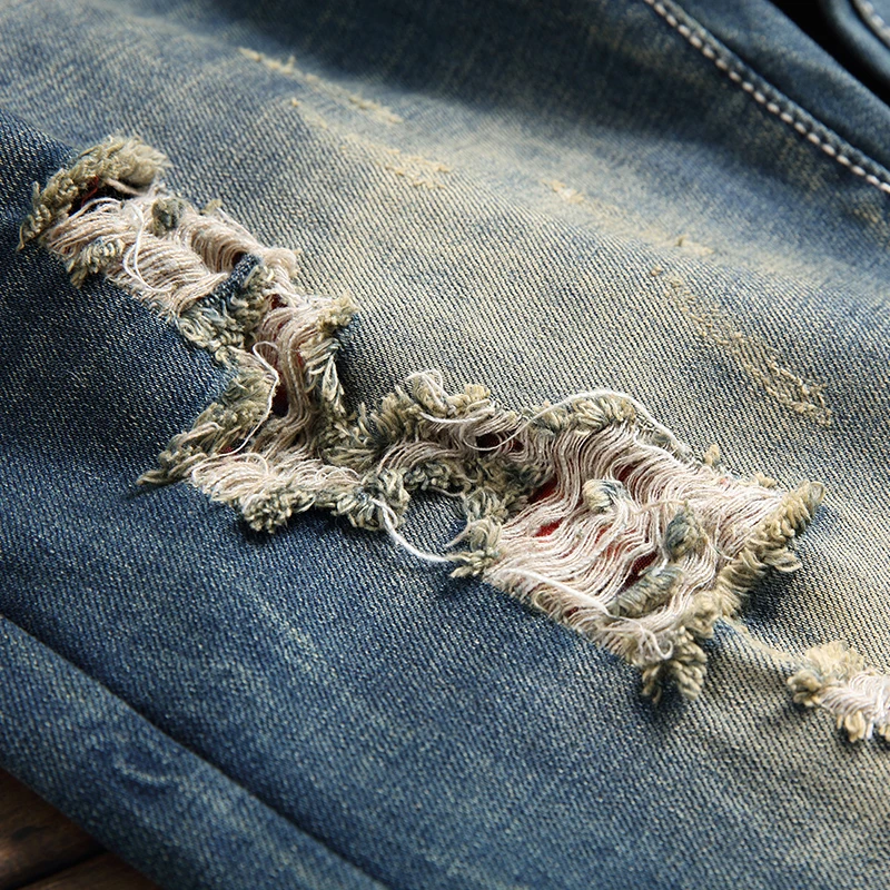 Мужские облегающие джинсы винтажные крутые брюки с дырками модные рваные в