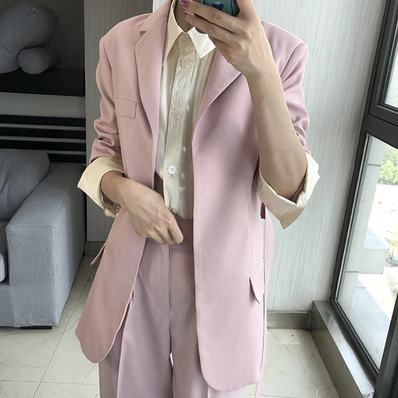 TWOTWINSTYLE Элегантный комплект из двух предметов женский воротник с лацканами длинный рукав на шнуровке хит цвет блейзеры Высокая талия с поясом костюмы женские