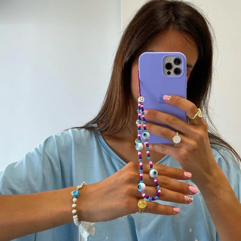 new creativity smiley vinly heishi chains star charm evil eye jewelry phone chain beaded strap wrist mobile phone lanyard free global shipping