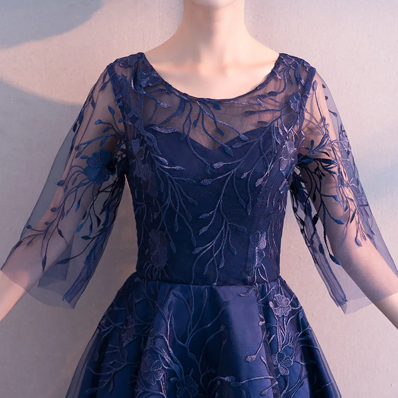 

Elegant Floral Evening Party Women Dress Vintage Embroidery Summer Dress Sexy Mesh Half Sleeve Deep Blue Women Dress Robe Femme