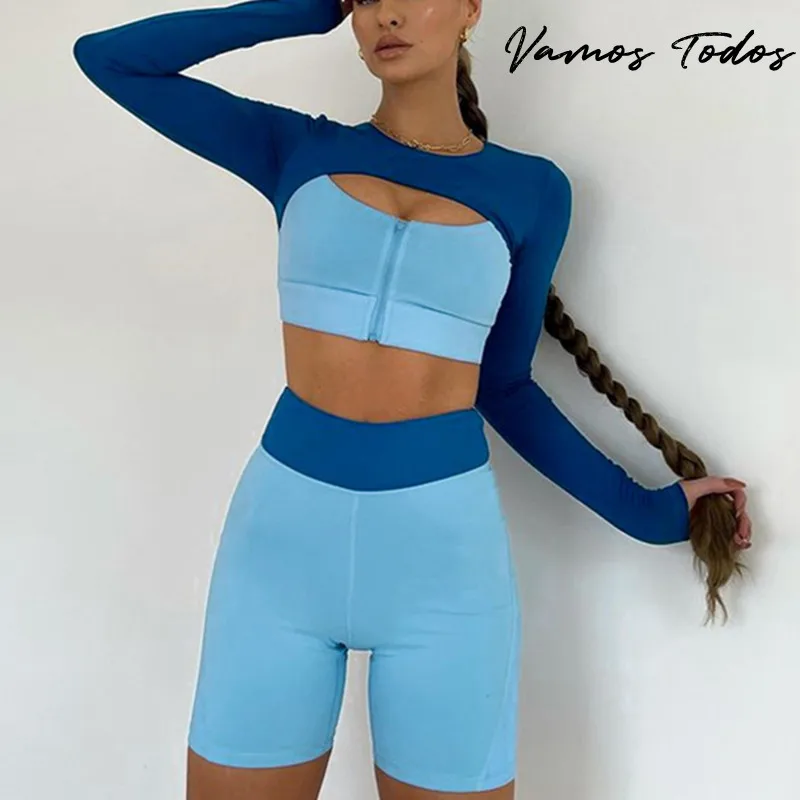 

2021 Autumn Yogo GYM Workout Women Clothing Contract Color Long Sleeve Tracksuits Hollow Out High Waist 2 Piece Set Outfit Women