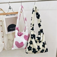 winter soft plush womens tote shoulder bag cute flower ladies purse handbags fashion large capacity femal girls underarm bags