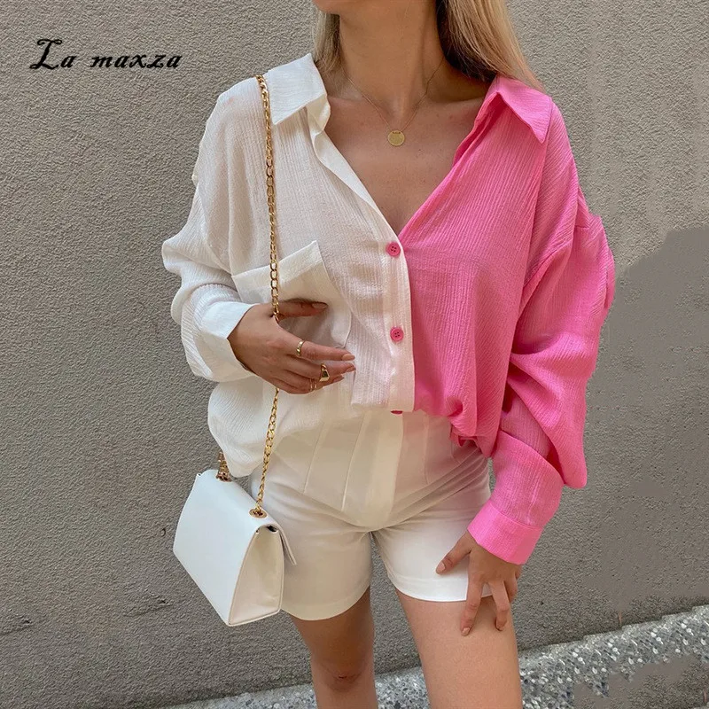 

Korean Style Patchwork Casual Fashion Women Shirts Loose Long 2021 Autumn Sexy Vintage Shirts