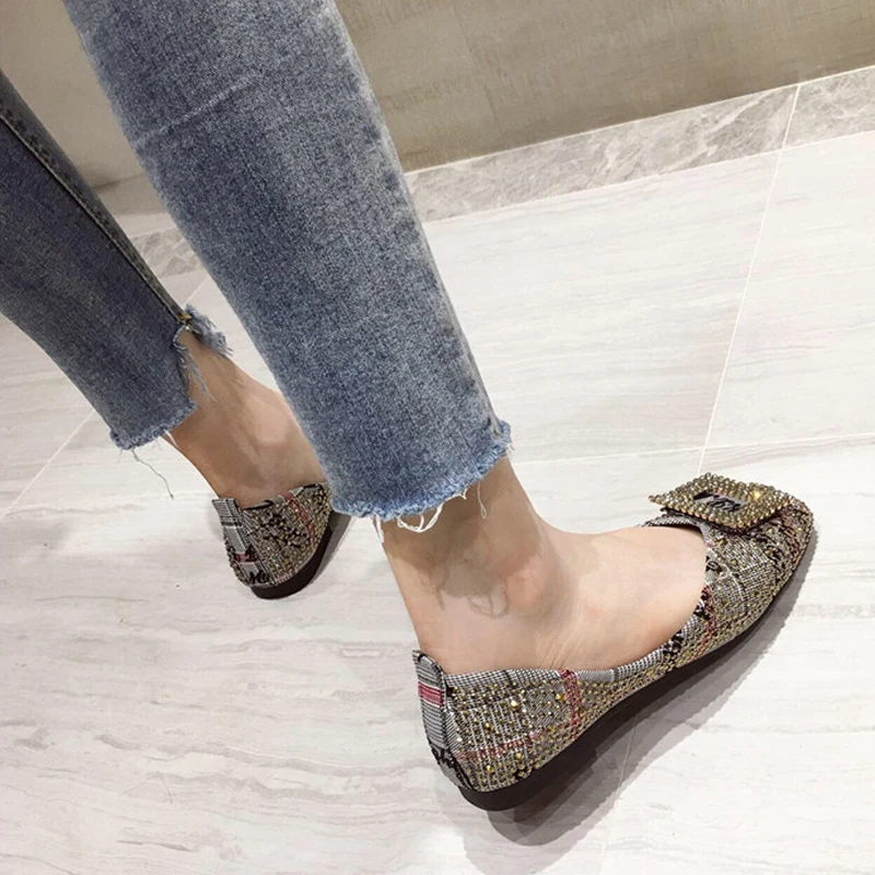 Обувь из джинсовой ткани на плоской подошве со стразами Женские балетки Удобные