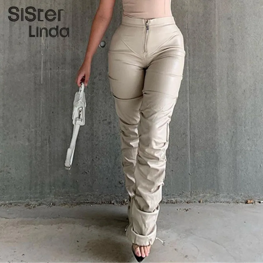 

Sisterlinda Faux Leather Stacked Y2K Pant Women High Waist Zipper Side Slit Hipster Streetwear Female Fashion Slim Long Trousers